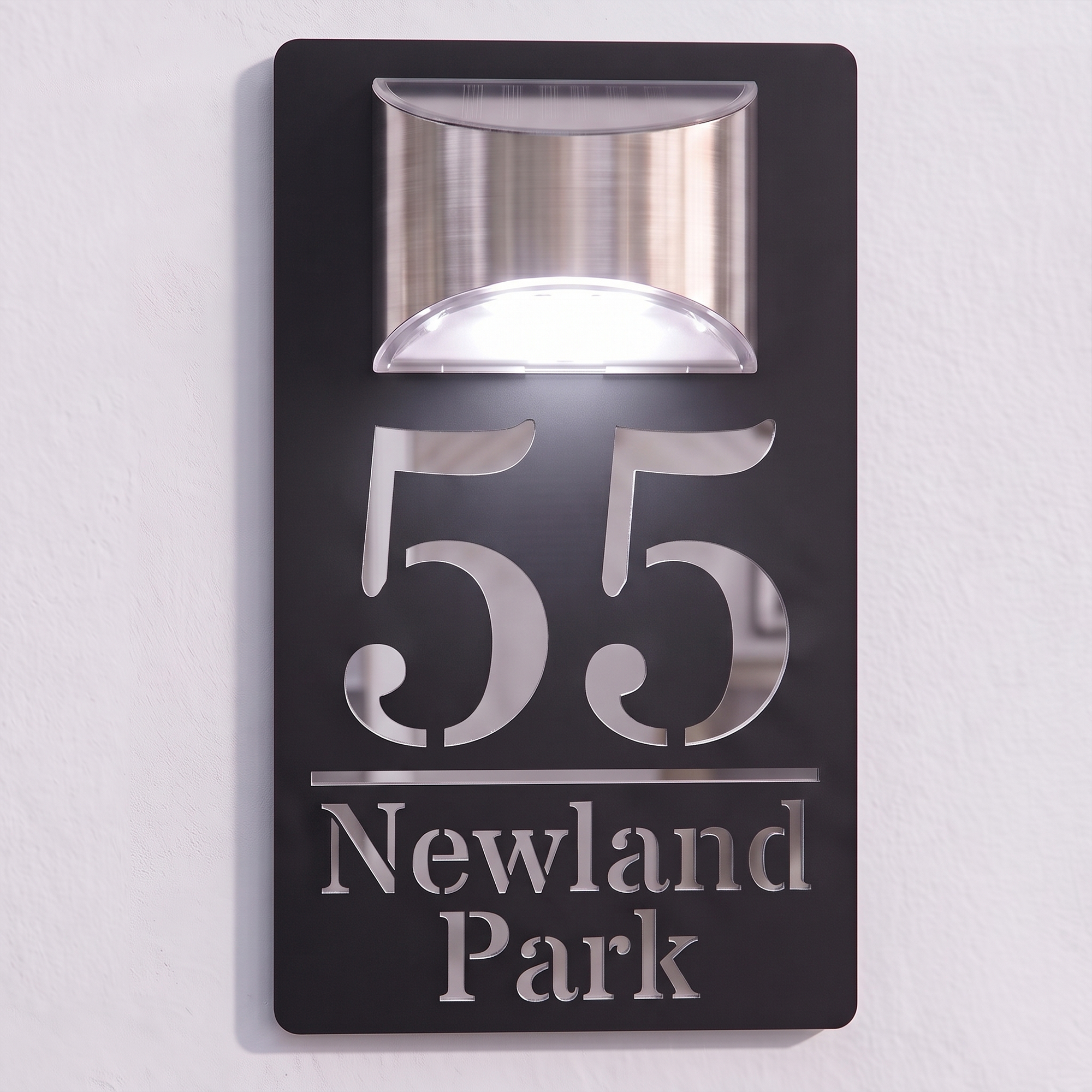 Personalised Solar Powered House Sign | 280mm x 160mm | Black with Mirror Text