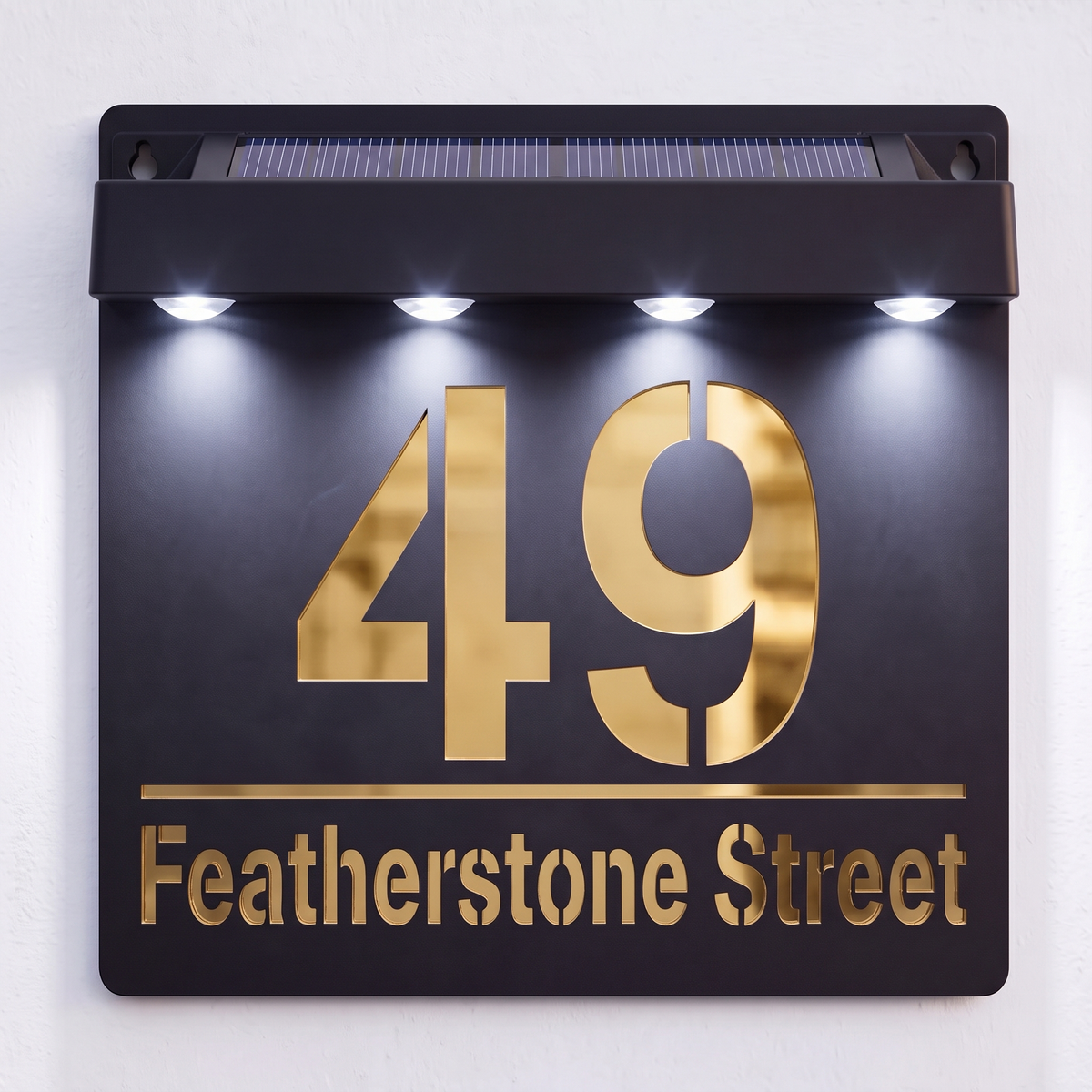 Personalised Solar Powered House Sign | 180mm x 180mm | Black with Mirror Text