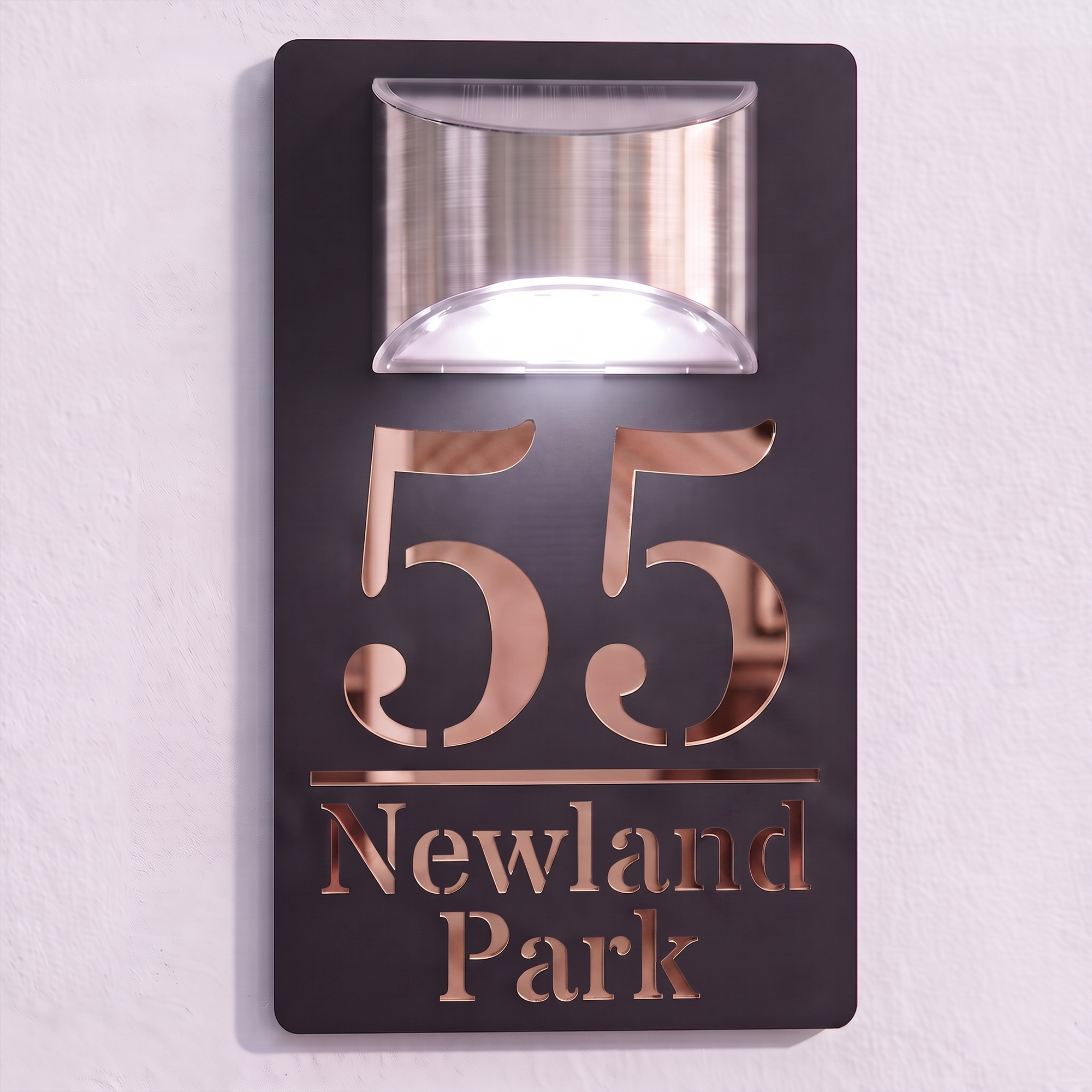Personalised Solar Powered House Sign | 280mm x 160mm | Black with Mirror Text