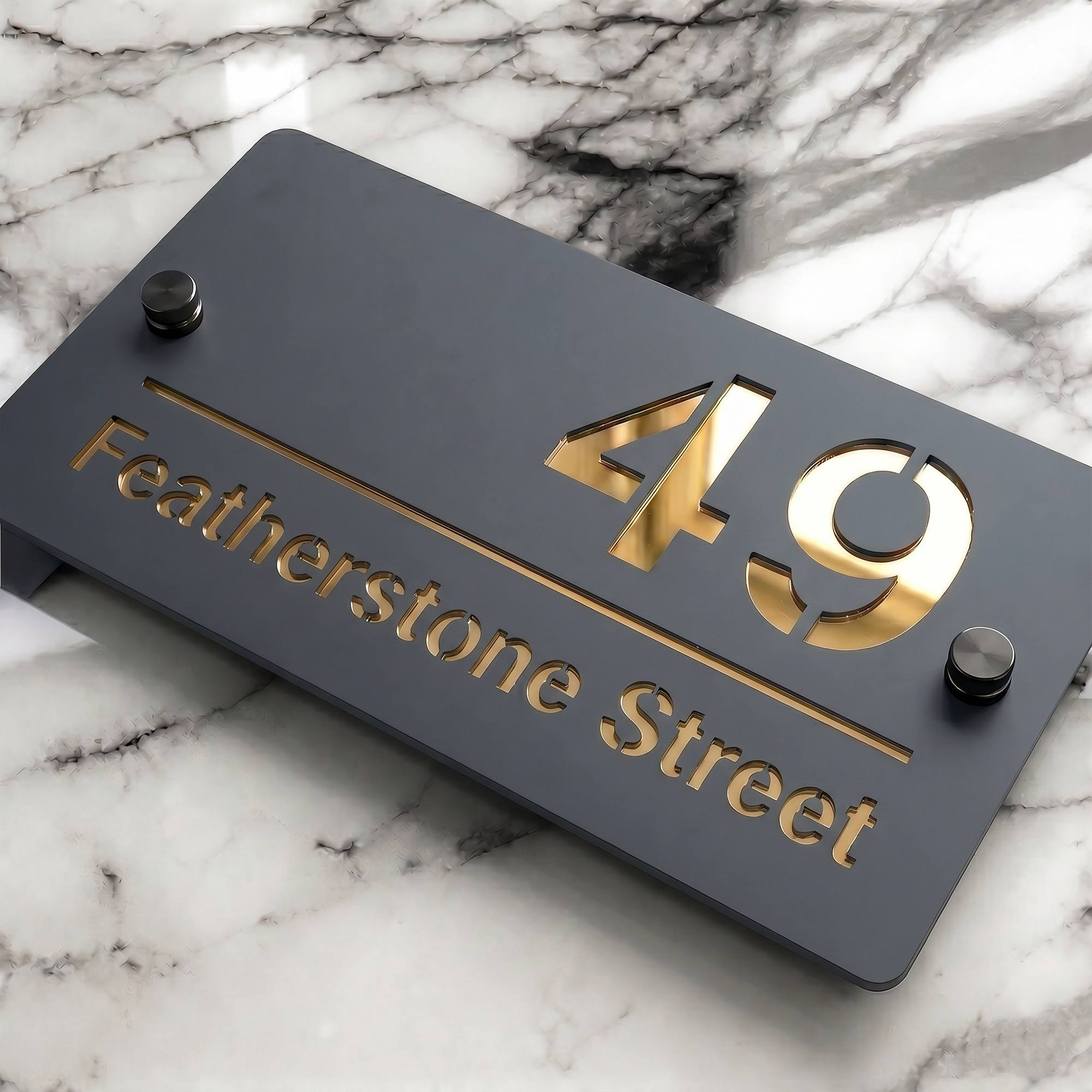 Personalised Mirror House Sign with Gold Laser Cut Text | 200mm x 130mm | Made from 3mm Grey Acrylic
