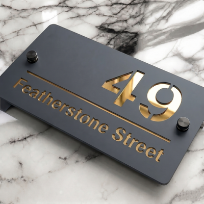 Personalised Mirror House Sign with Gold Laser Cut Text | 200mm x 130mm | Made from 3mm Grey Acrylic