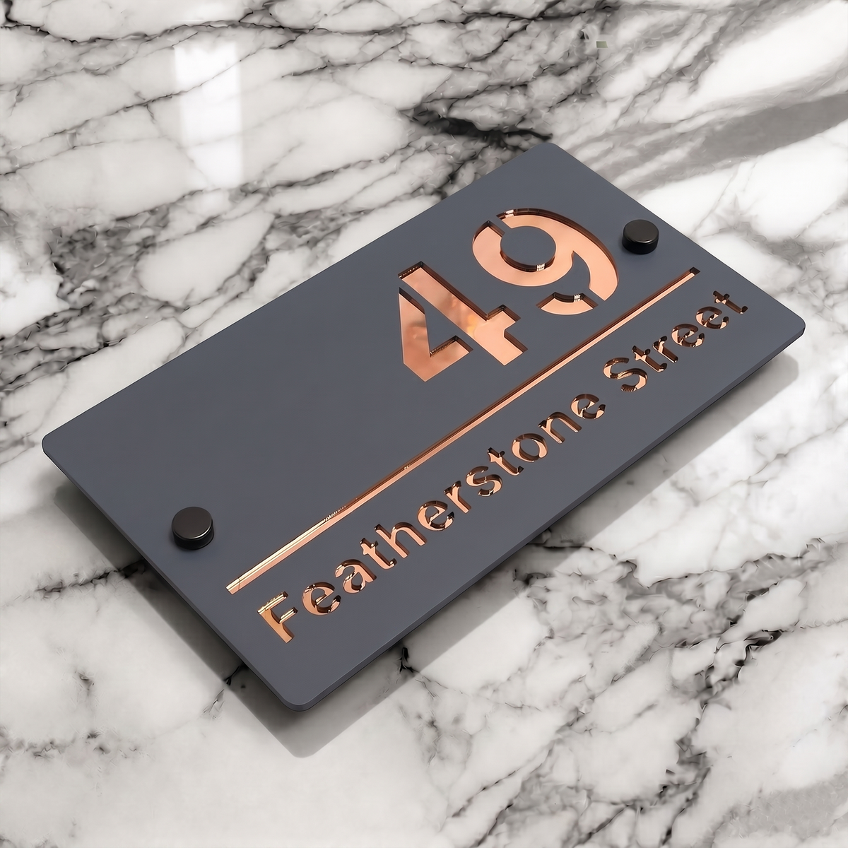 Personalised Mirror House Sign with Rose Gold Laser Cut Text | 200mm x 130mm | Made from 3mm Grey Acrylic