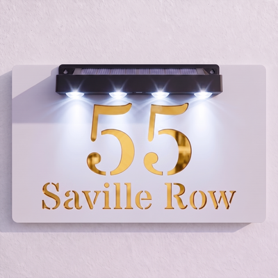 Personalised Solar Powered House Sign | 300mm x 170mm | White with Mirror Text