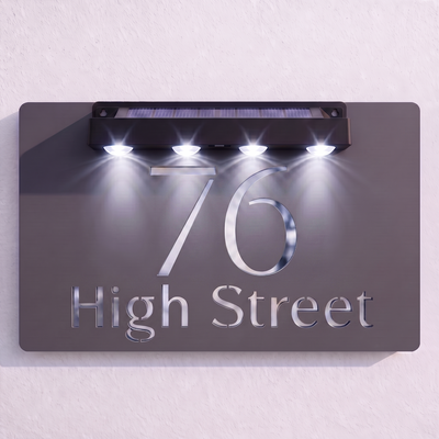 Personalised Solar Powered House Sign | 300mm x 170mm | Grey with Mirror Text