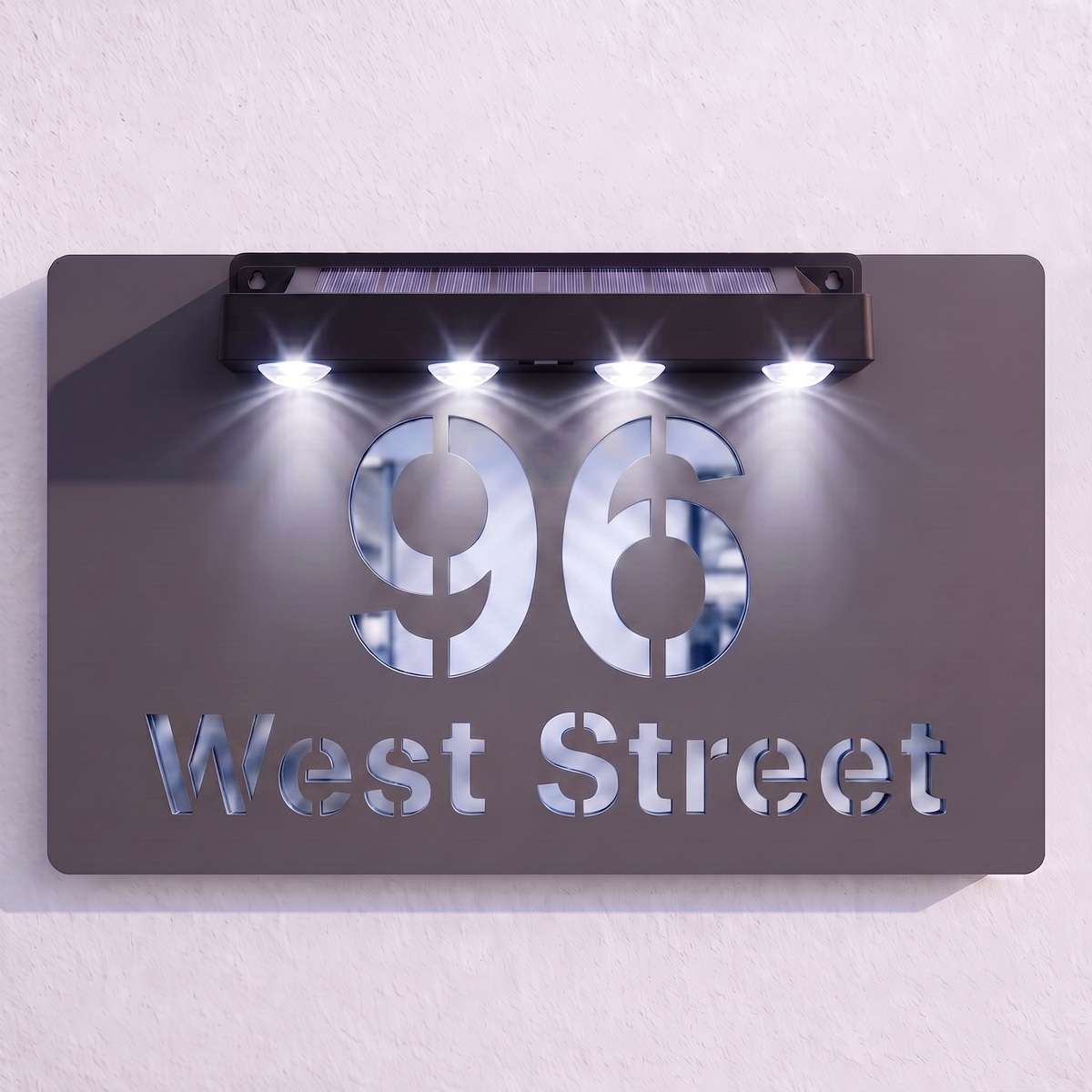 Personalised Solar Powered House Sign | 300mm x 170mm | Grey with Mirror Text