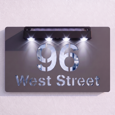 Personalised Solar Powered House Sign | 300mm x 170mm | Grey with Mirror Text