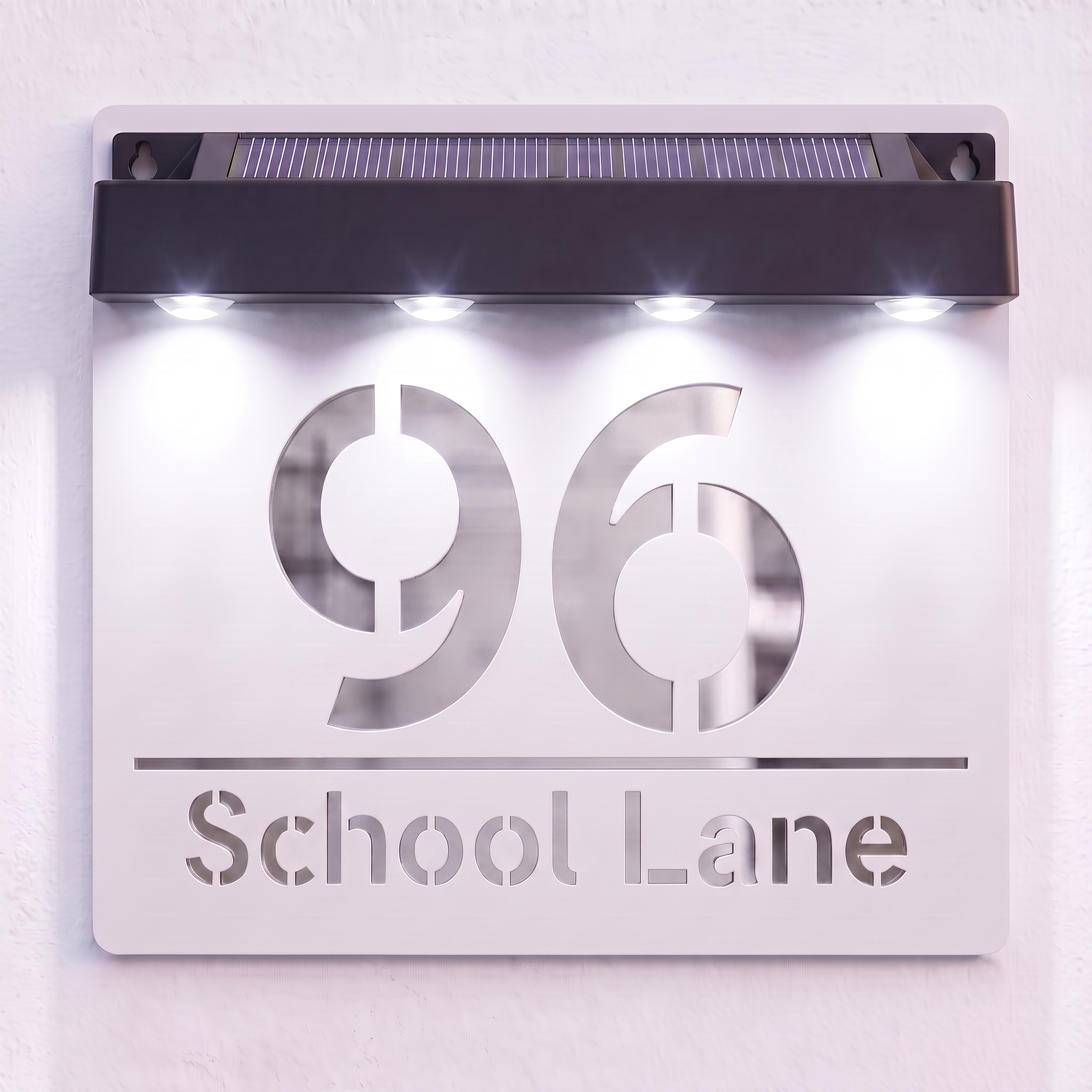 Personalised Solar Powered House Sign | 180mm x 180mm | White with Mirror Text