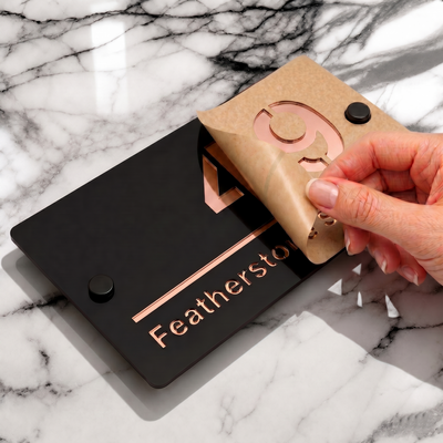 Personalised Mirror House Sign with Rose Gold Laser Cut Text | 200mm x 130mm | Made from 3mm Black Acrylic