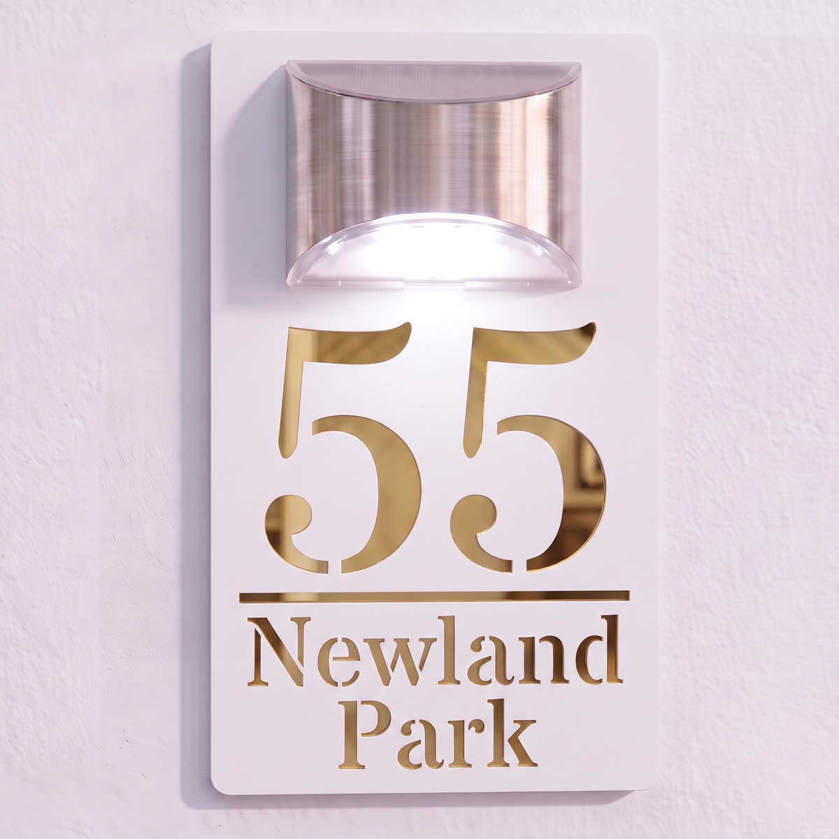 Personalised Solar Powered House Sign | 280mm x 160mm | White with Mirror Text