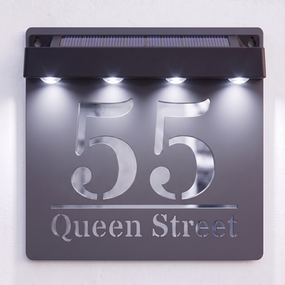 Personalised Solar Powered House Sign | 180mm x 180mm | Grey with Mirror Text