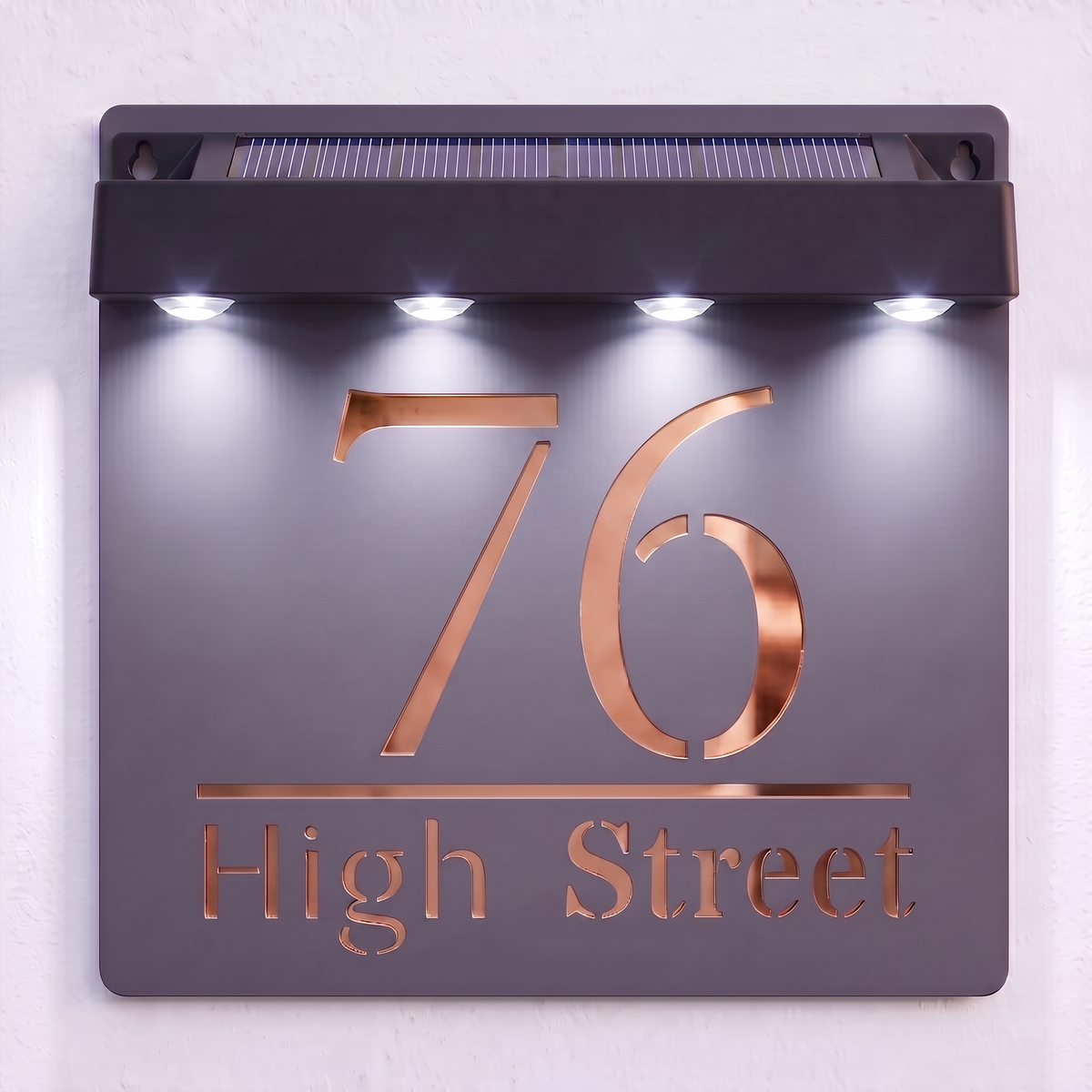 Personalised Solar Powered House Sign | 180mm x 180mm | Grey with Mirror Text