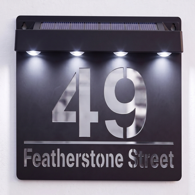 Personalised Solar Powered House Sign | 180mm x 180mm | Black with Mirror Text