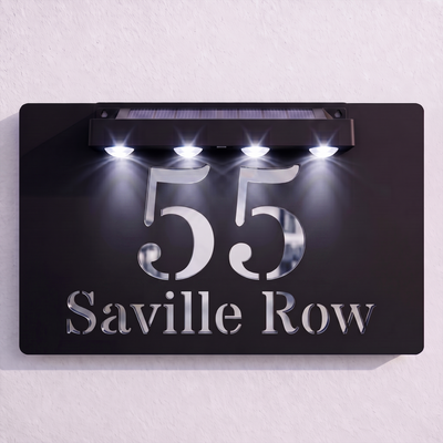 Personalised Solar Powered House Sign | 300mm x 170mm | Black with Mirror Text