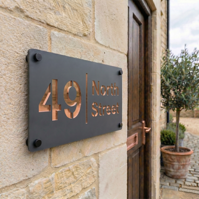 Personalised Mirror House Sign with Rose Gold Laser Cut Text | 280mm x 160mm | Made from 3mm Grey Acrylic