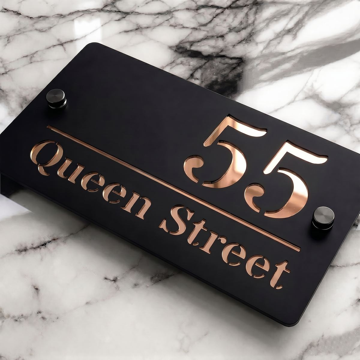 Personalised Mirror House Sign with Rose Gold Laser Cut Text | 200mm x 130mm | Made from 3mm Black Acrylic