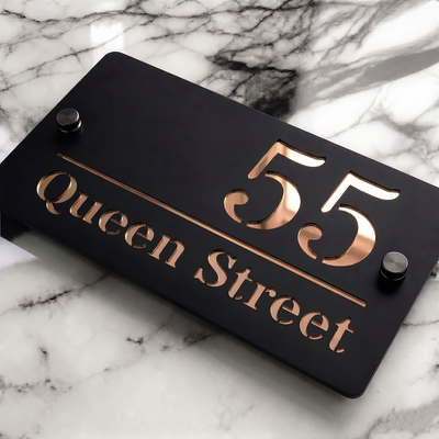 Personalised Mirror House Sign with Rose Gold Laser Cut Text | 200mm x 130mm | Made from 3mm Black Acrylic
