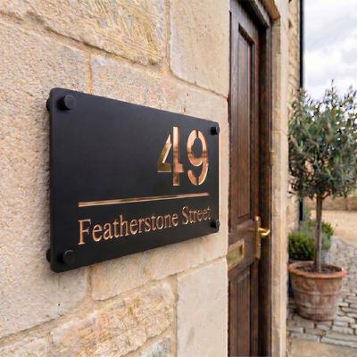 Personalised Mirror House Sign with Rose Gold Laser Cut Text | 280mm x 160mm | Made from 3mm Black Acrylic