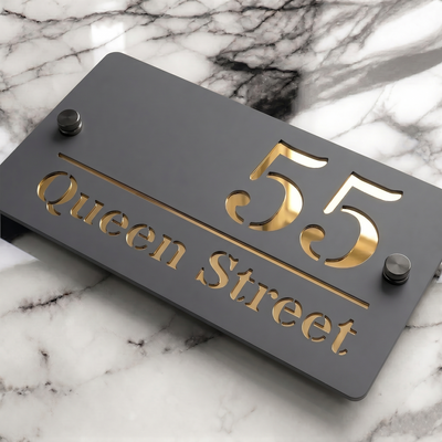 Personalised Mirror House Sign with Gold Laser Cut Text | 200mm x 130mm | Made from 3mm Grey Acrylic