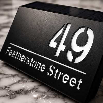 Personalised Solar Powered House Sign | 280mm x 160mm | Cool White Illuminated Text