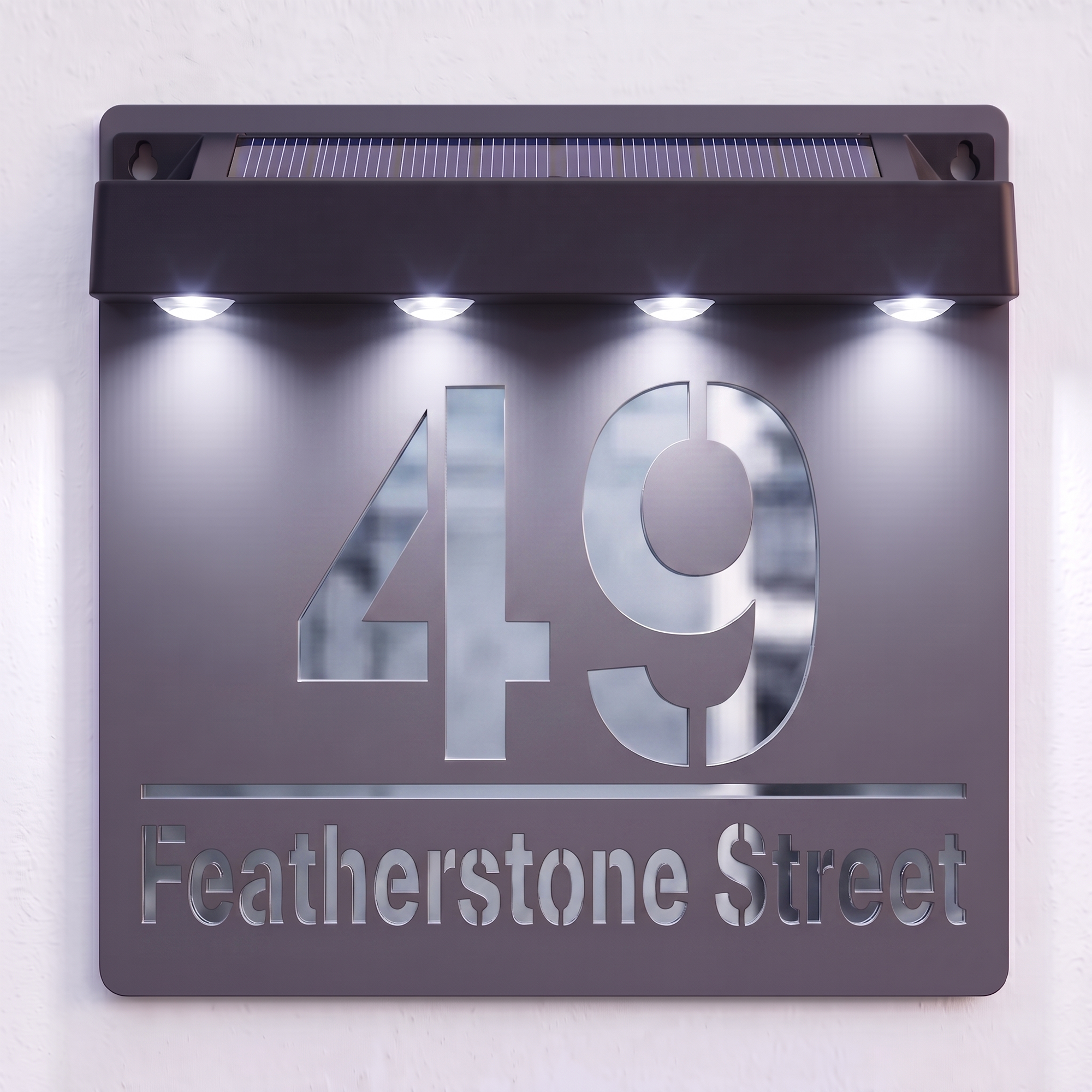 Personalised Solar Powered House Sign | 180mm x 180mm | Grey with Mirror Text