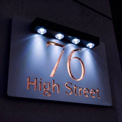 Personalised Solar Powered House Sign | 300mm x 170mm | White with Mirror Text