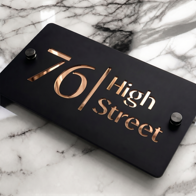 Personalised Mirror House Sign with Rose Gold Laser Cut Text | 200mm x 130mm | Made from 3mm Black Acrylic