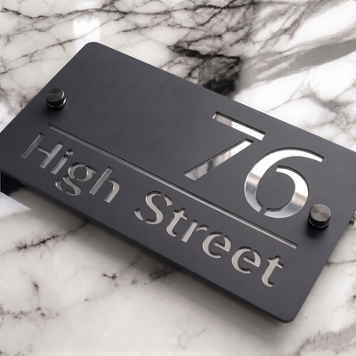 Personalised Mirror House Sign with Silver Laser Cut Text | 200mm x 130mm | Made from 3mm Grey Acrylic