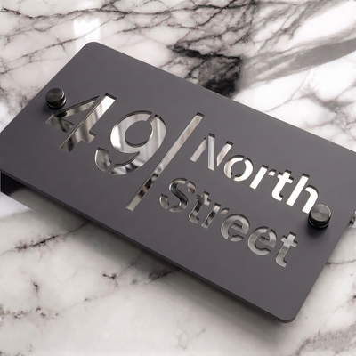 Personalised Mirror House Sign with Silver Laser Cut Text | 200mm x 130mm | Made from 3mm Grey Acrylic