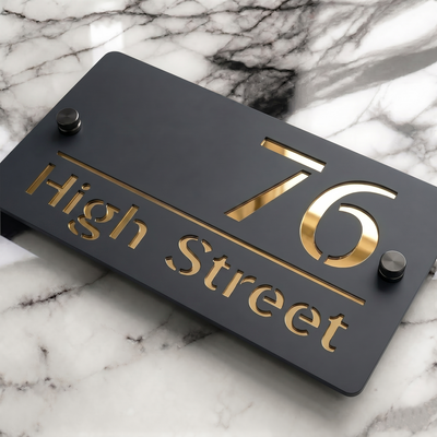 Personalised Mirror House Sign with Gold Laser Cut Text | 200mm x 130mm | Made from 3mm Grey Acrylic