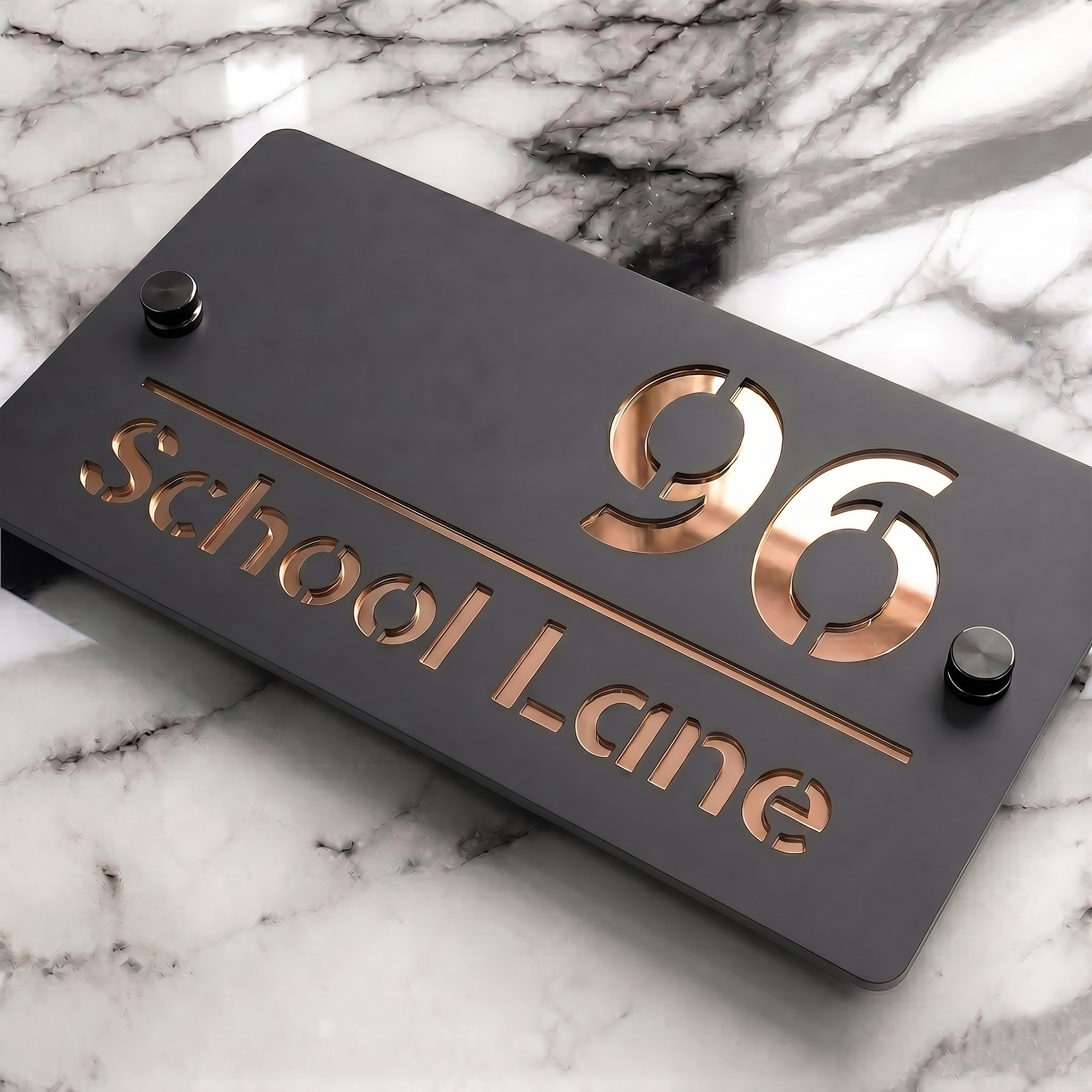 Personalised Mirror House Sign with Rose Gold Laser Cut Text | 200mm x 130mm | Made from 3mm Grey Acrylic