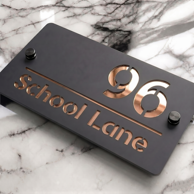 Personalised Mirror House Sign with Rose Gold Laser Cut Text | 200mm x 130mm | Made from 3mm Grey Acrylic