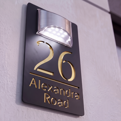 Personalised Solar Powered House Sign | 280mm x 160mm | Black with Mirror Text