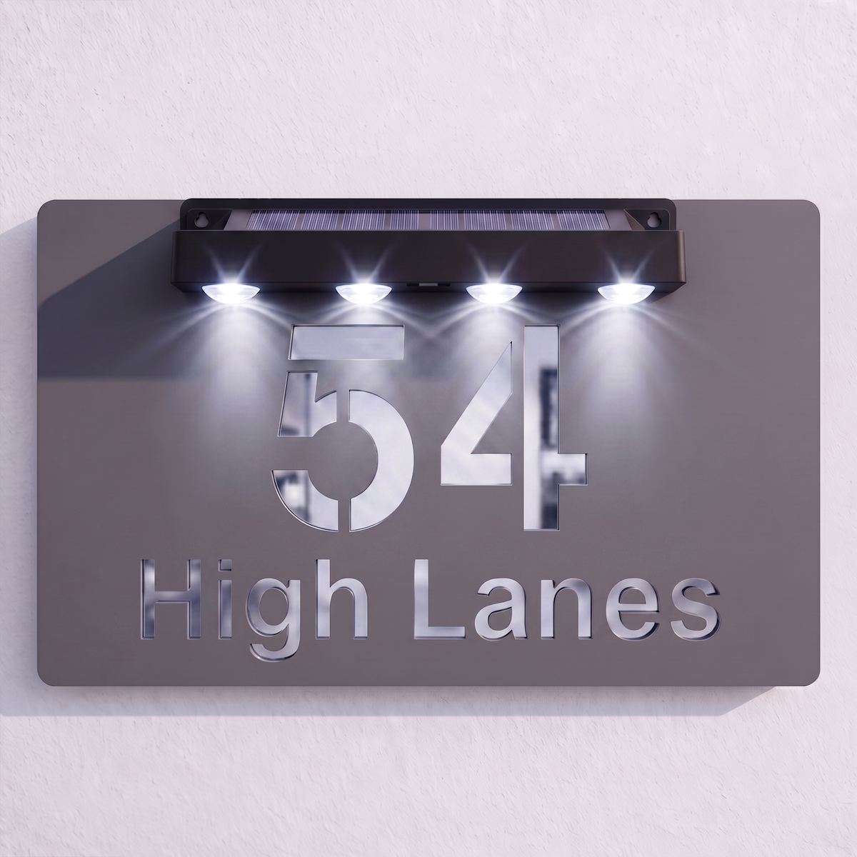 Personalised Solar Powered House Sign | 300mm x 170mm | Grey with Mirror Text