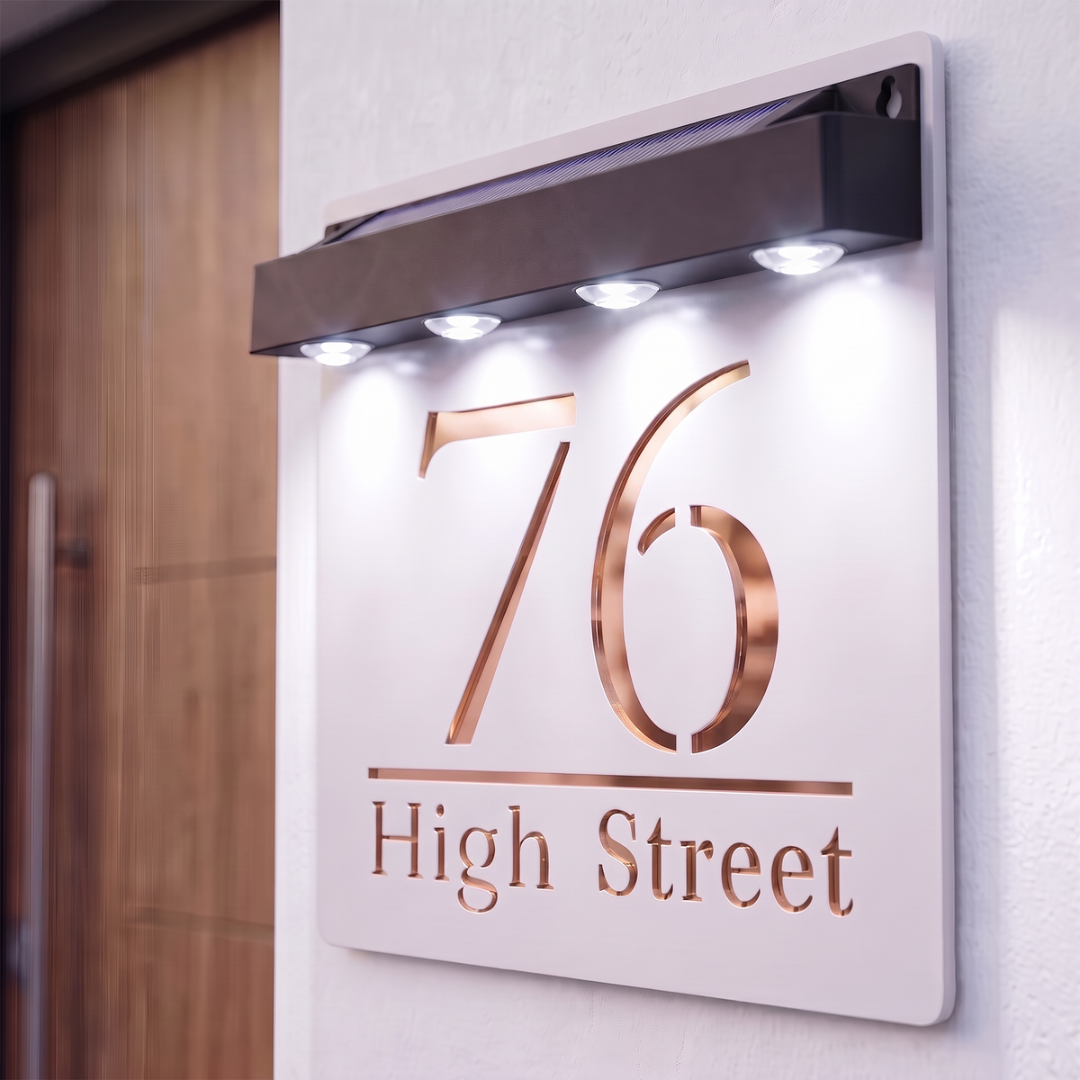 Personalised Solar Powered House Sign | 180mm x 180mm | White with Mirror Text