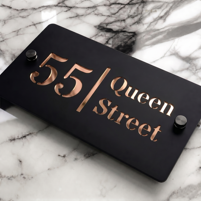 Personalised Mirror House Sign with Rose Gold Laser Cut Text | 200mm x 130mm | Made from 3mm Black Acrylic