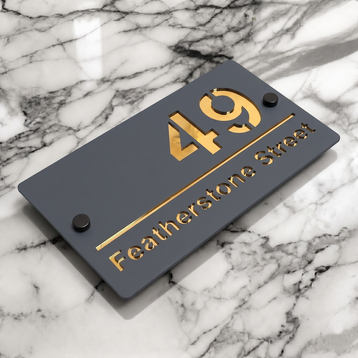 Personalised Mirror House Sign with Gold Laser Cut Text | 200mm x 130mm | Made from 3mm Grey Acrylic