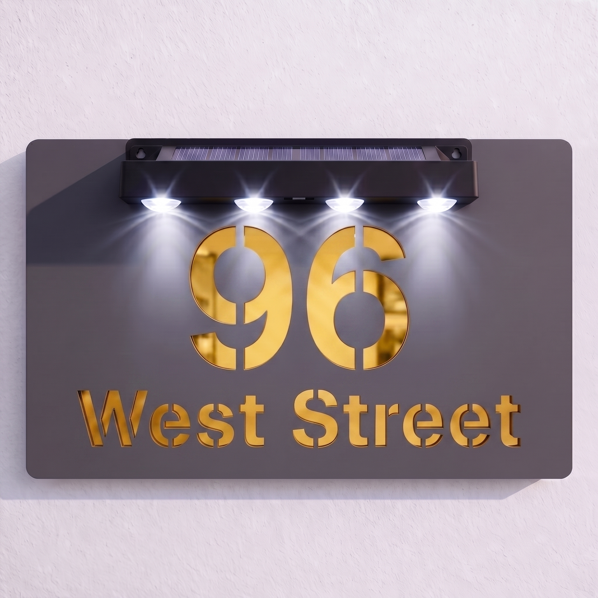 Personalised Solar Powered House Sign | 300mm x 170mm | Grey with Mirror Text