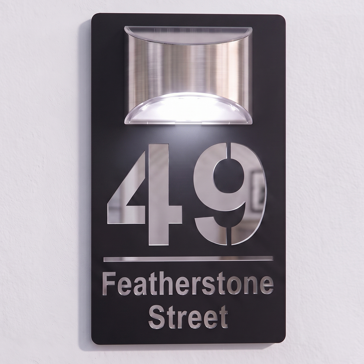 Personalised Solar Powered House Sign | 280mm x 160mm | Black with Mirror Text