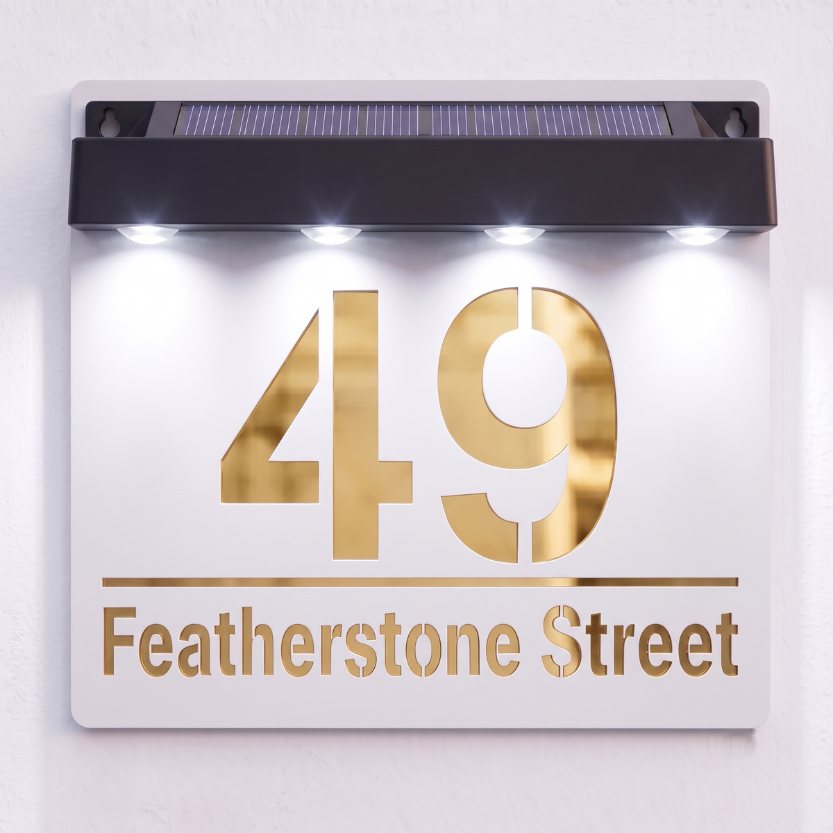 Personalised Solar Powered House Sign | 180mm x 180mm | White with Mirror Text