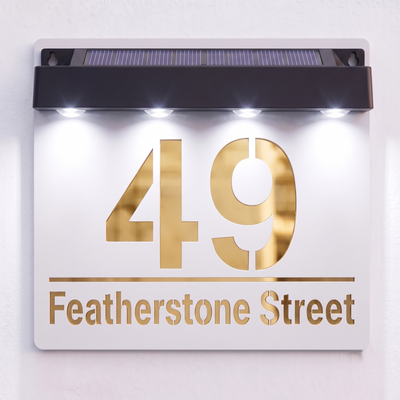 Personalised Solar Powered House Sign | 180mm x 180mm | White with Mirror Text