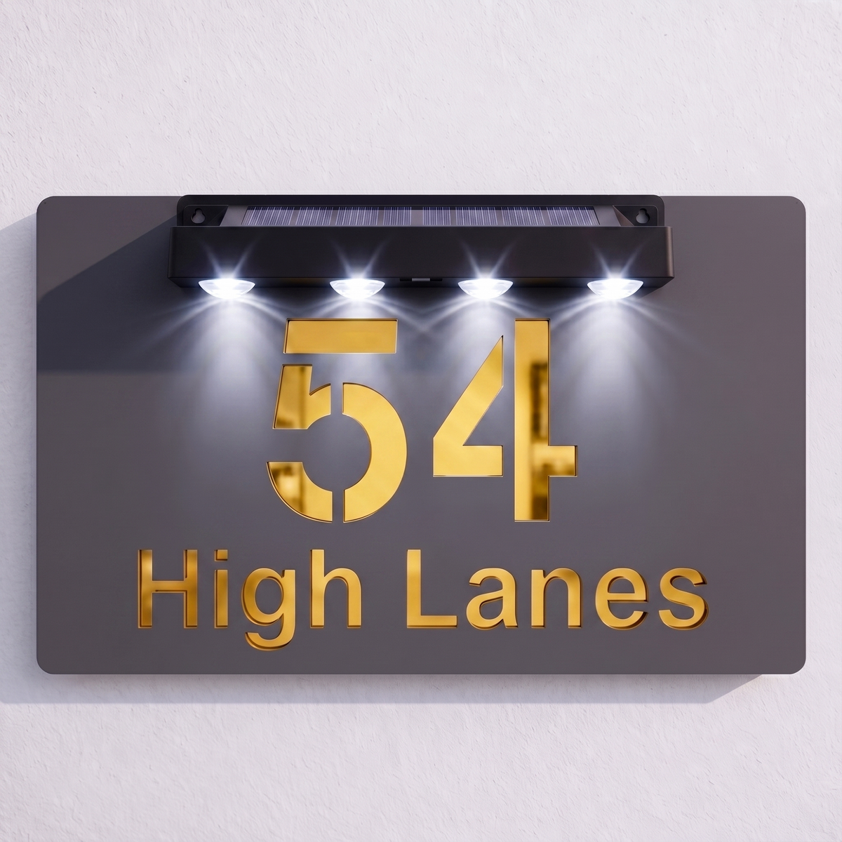 Personalised Solar Powered House Sign | 300mm x 170mm | Grey with Mirror Text
