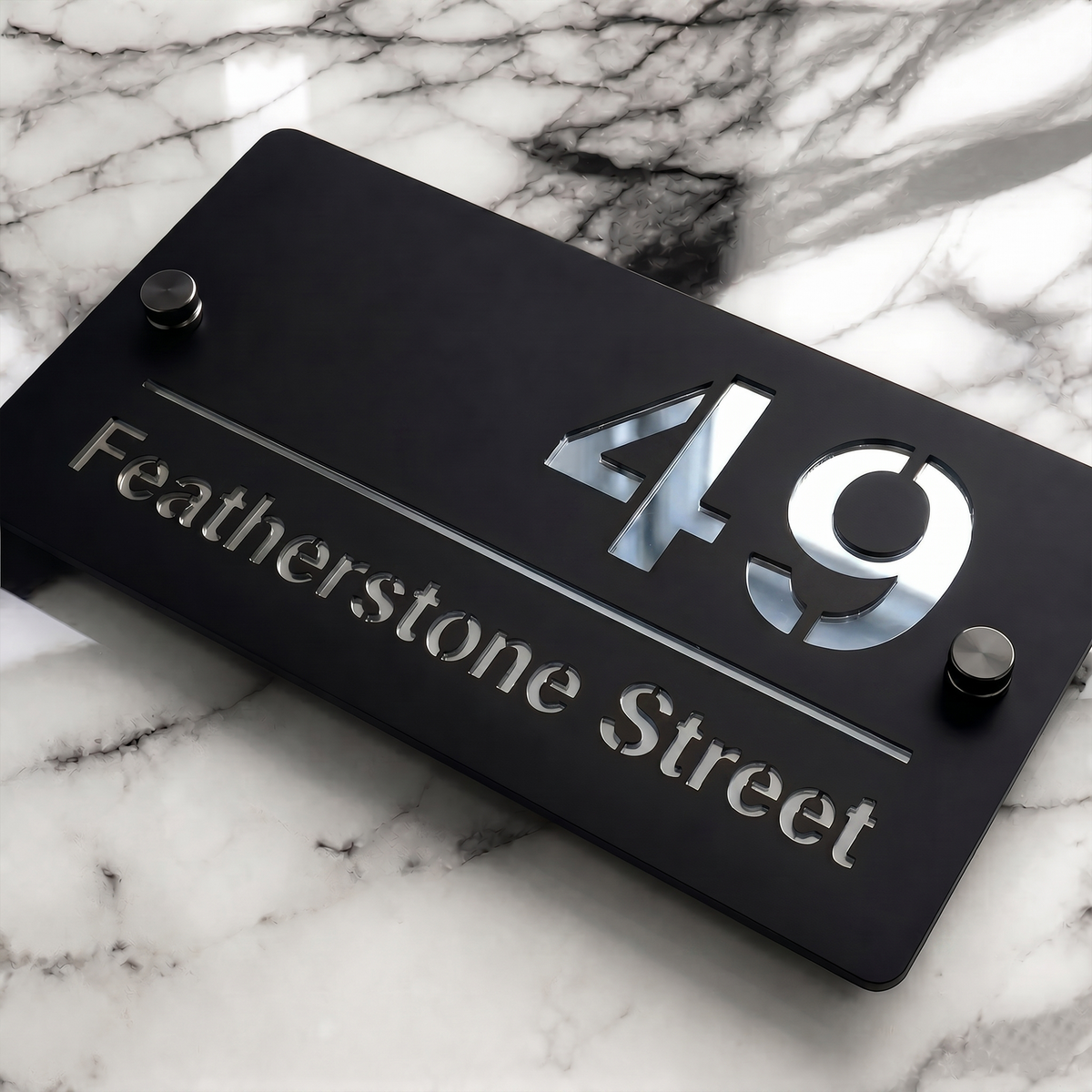 Personalised Mirror House Sign with Silver Laser Cut Text | 200mm x 130mm | Made from 3mm Black Acrylic