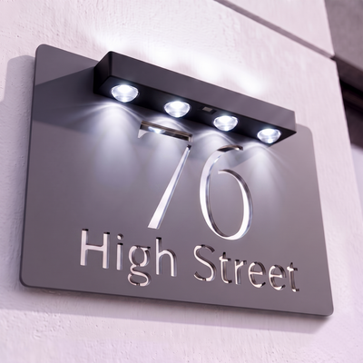 Personalised Solar Powered House Sign | 300mm x 170mm | Grey with Mirror Text