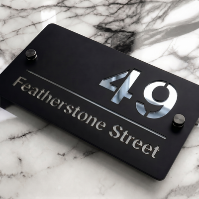 Personalised Mirror House Sign with Silver Laser Cut Text | 200mm x 130mm | Made from 3mm Black Acrylic