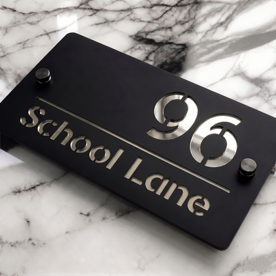 Personalised Mirror House Sign with Silver Laser Cut Text | 200mm x 130mm | Made from 3mm Black Acrylic