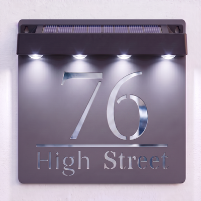 Personalised Solar Powered House Sign | 180mm x 180mm | Grey with Mirror Text
