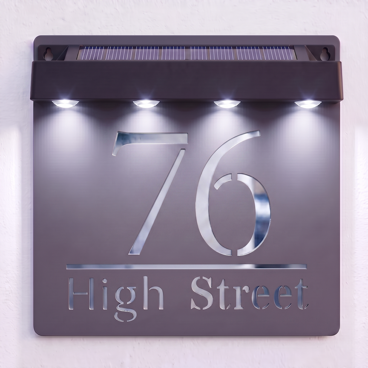 Personalised Solar Powered House Sign | 180mm x 180mm | Grey with Mirror Text