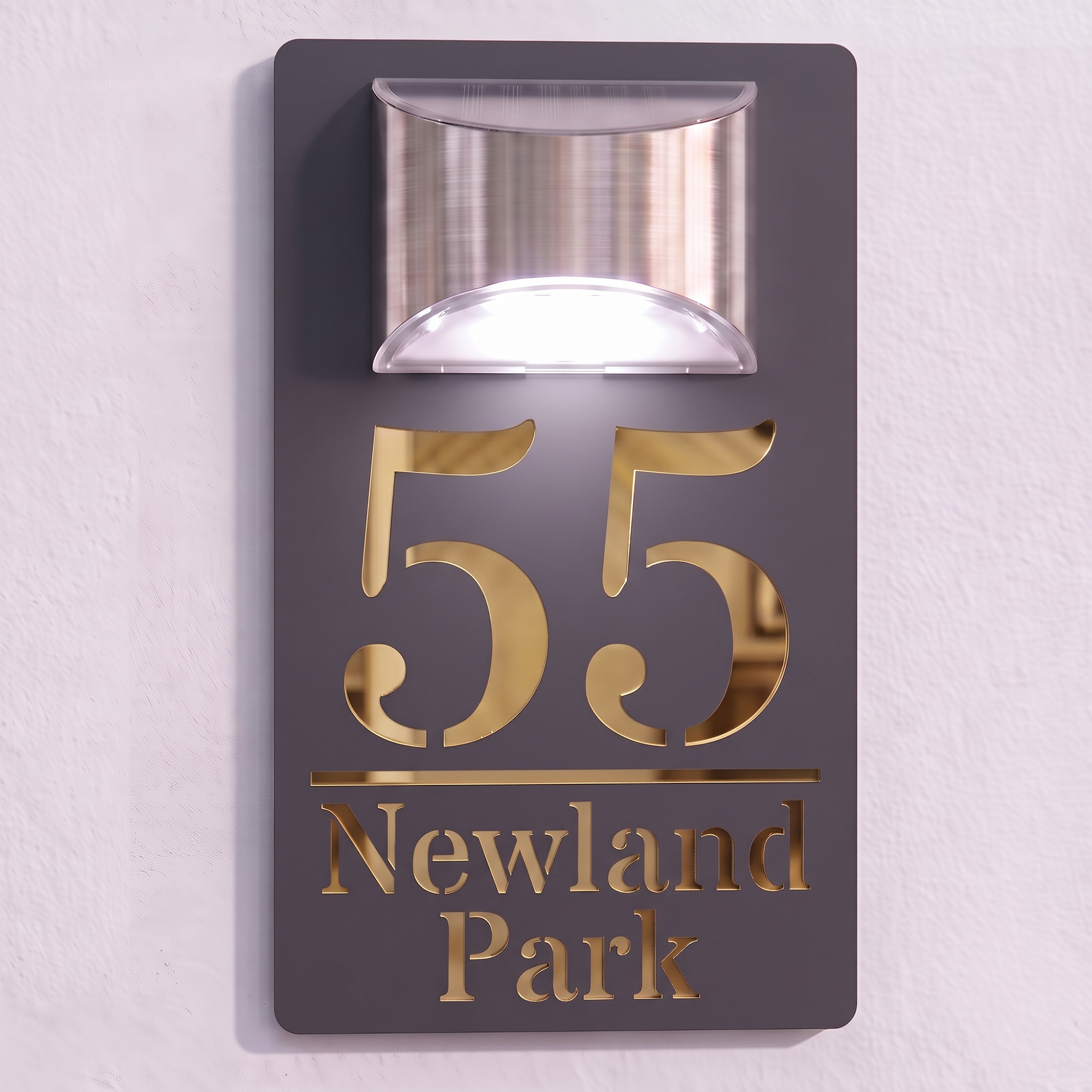 Personalised Solar Powered House Sign | 280mm x 160mm | Grey with Mirror Text