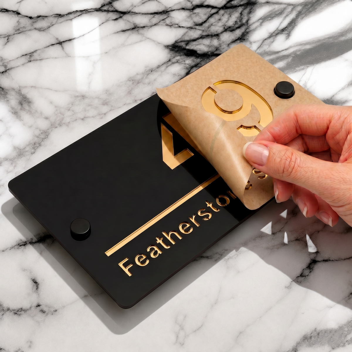 Personalised Mirror House Sign with Gold Laser Cut Text | 200mm x 130mm | Made from 3mm Black Acrylic