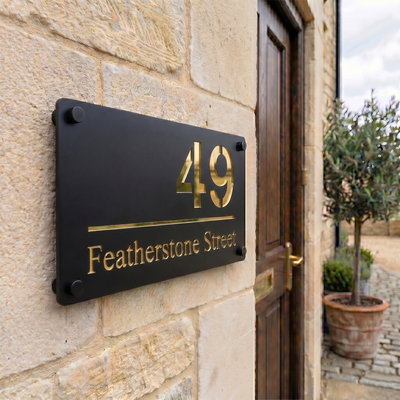 Personalised Mirror House Sign with Gold Laser Cut Text | 280mm x 160mm | Made from 3mm Black Acrylic